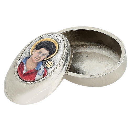 Silver oval rosary case, Carlo Acutis' colourful portrait, 2x1.2 in, zamak 2