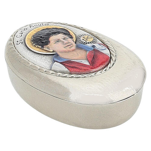 Silver oval rosary case, Carlo Acutis' colourful portrait, 2x1.2 in, zamak 4