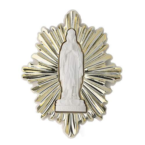 Rosary case of Our Lady of Lourdes, resin with gold rays, 2.8x3.5x0.8 in 4