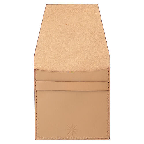 Beige leather rosary case with pocket closure, 9x8 cm 3