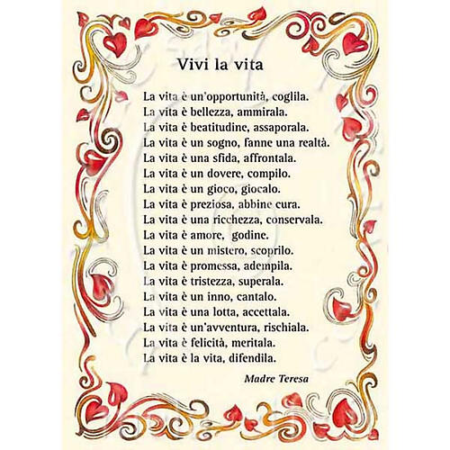 Glückwunschkarte mit Text in italienischer Sprache, "Vivi la vita" von Mutter Teresa 1