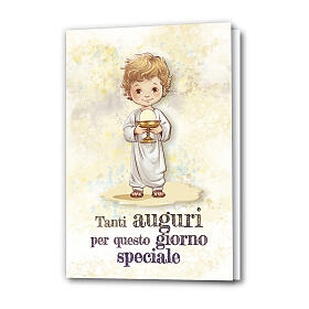 Geldgeschenkkarte zur Kommunion mit Jungen in goldener Lithografie