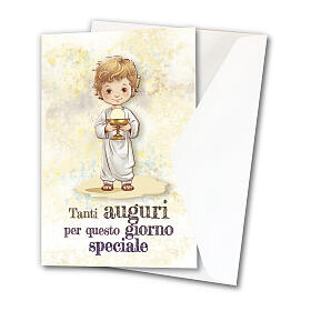 Geldgeschenkkarte zur Kommunion mit Jungen in goldener Lithografie