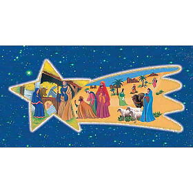 Holy Card, nativity with Wise Kings on comet