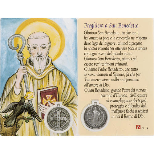 Holy card, Saint Benedict, laminated with prayer ITA 1