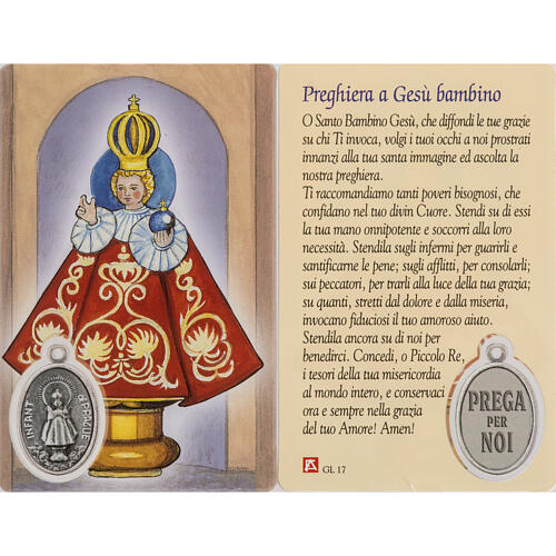 Heiligenbildchen, Prager Jesulein, Gebet in italienischer Sprache, laminiert 1