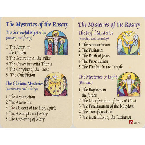 Holy card, Mysteries of the Rosary with prayer in ENGLISH 1