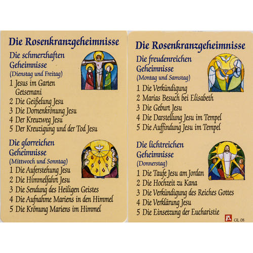 Image pieuse Mystères du Rosaire plastifiée avec prière ALLEMAND 1