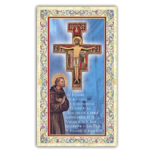 Heiligenbildchen, Heilger Franz von Assisi vor dem Kruzifix, 10x5 cm, Gebet in italienischer Sprache 1