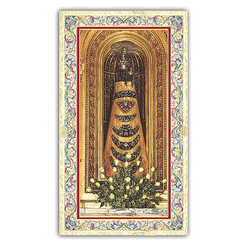 Heiligenbildchen, Statue der Muttergottes von Loreto, 10x5 cm, Gebet in italienischer Sprache 1