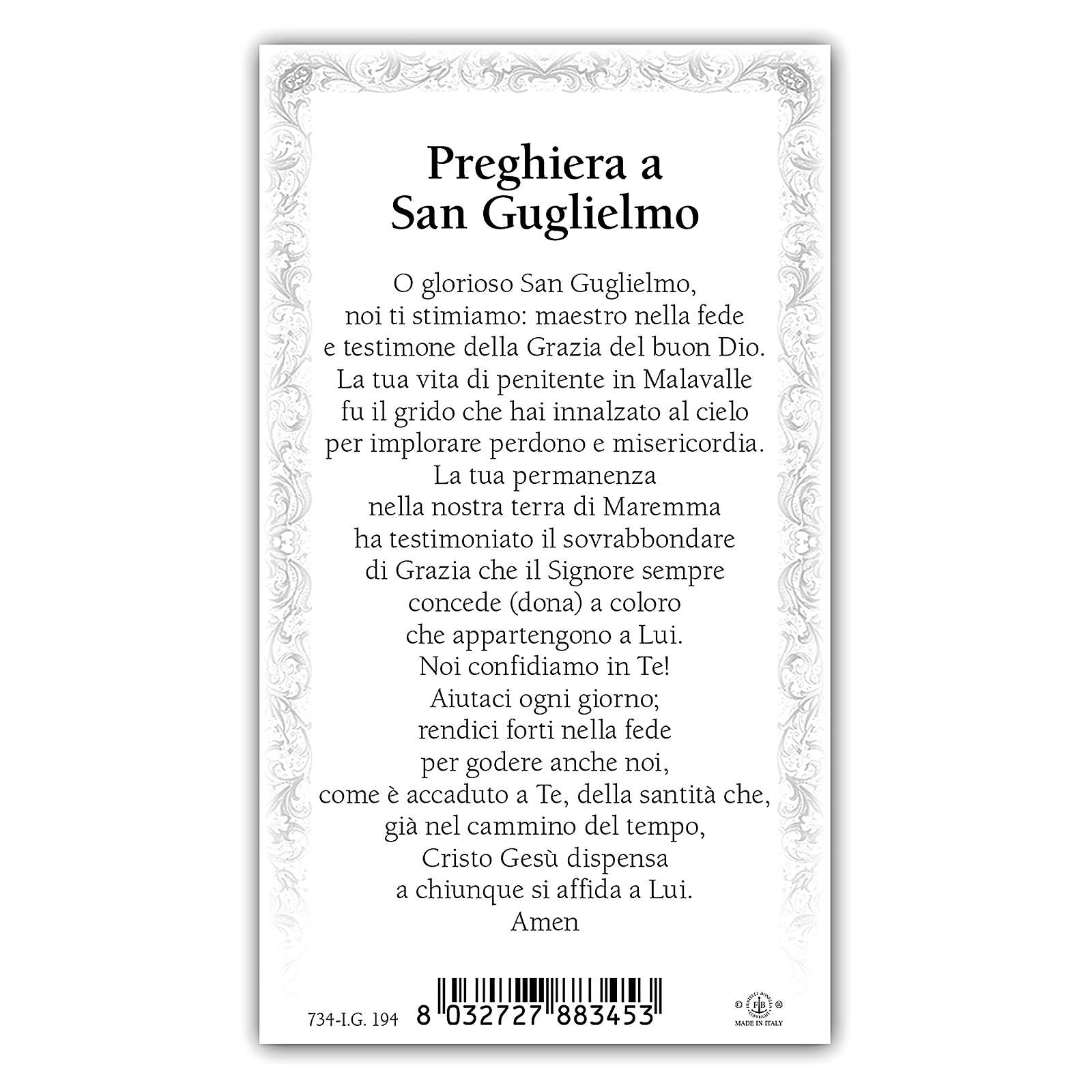 Image de dévotion St Guillaume 10x5 cm vente en ligne sur HOLYART