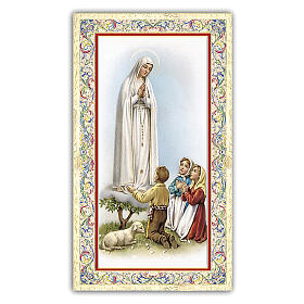 Heiligenbildchen, Gottesmutter von Fatima mit den 3 Hirtenkindern, 10x5 cm, Gebet in italienischer Sprache