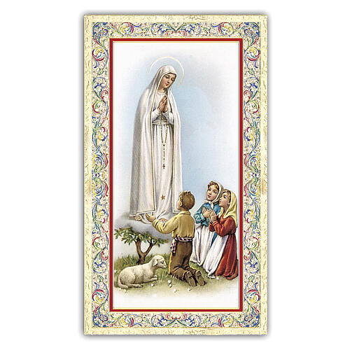 Heiligenbildchen, Gottesmutter von Fatima mit den 3 Hirtenkindern, 10x5 cm, Gebet in italienischer Sprache 1
