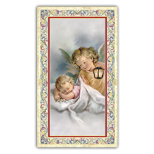 Heiligenbildchen, Schutzengel mit Laterne, 10x5 cm, Gebet in italienischer Sprache 1