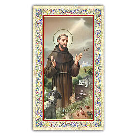 Heiligenbildchen, Der heilige Franz von Assisi umgeben von Tieren, 10x5 cm, Gebet in italienischer Sprache