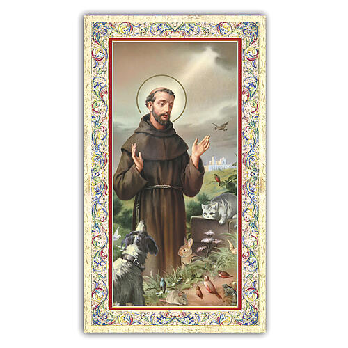 Heiligenbildchen, Der heilige Franz von Assisi umgeben von Tieren, 10x5 cm, Gebet in italienischer Sprache 1