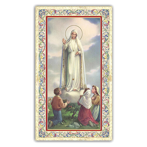 Heiligenbildchen, Madonna von Fatima mit den 3 Hirtenkindern, 10x5 cm, Gebet in italienischer Sprache 1