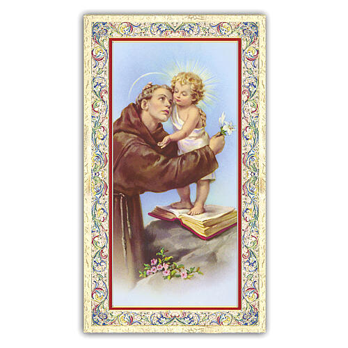 Heiligenbildchen, Heiliger Antonius von Padua mit dem Jesuskind, 10x5 cm, Gebet in italienischer Sprache 1