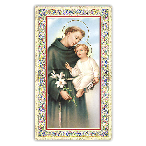 Heiligenbildchen, Heiliger Antonius von Padua mit dem Jesuskind und einer Lilie, 10x5 cm, Gebet in italienischer Sprache 1