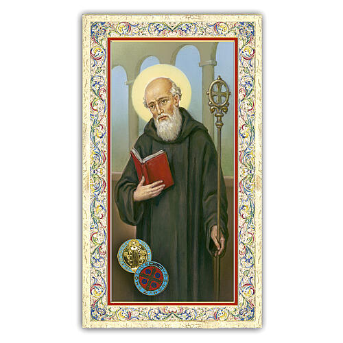 Heiligenbildchen, Heiliger Benedikt von Nursia, 10x5 cm, Gebet in italienischer Sprache 1