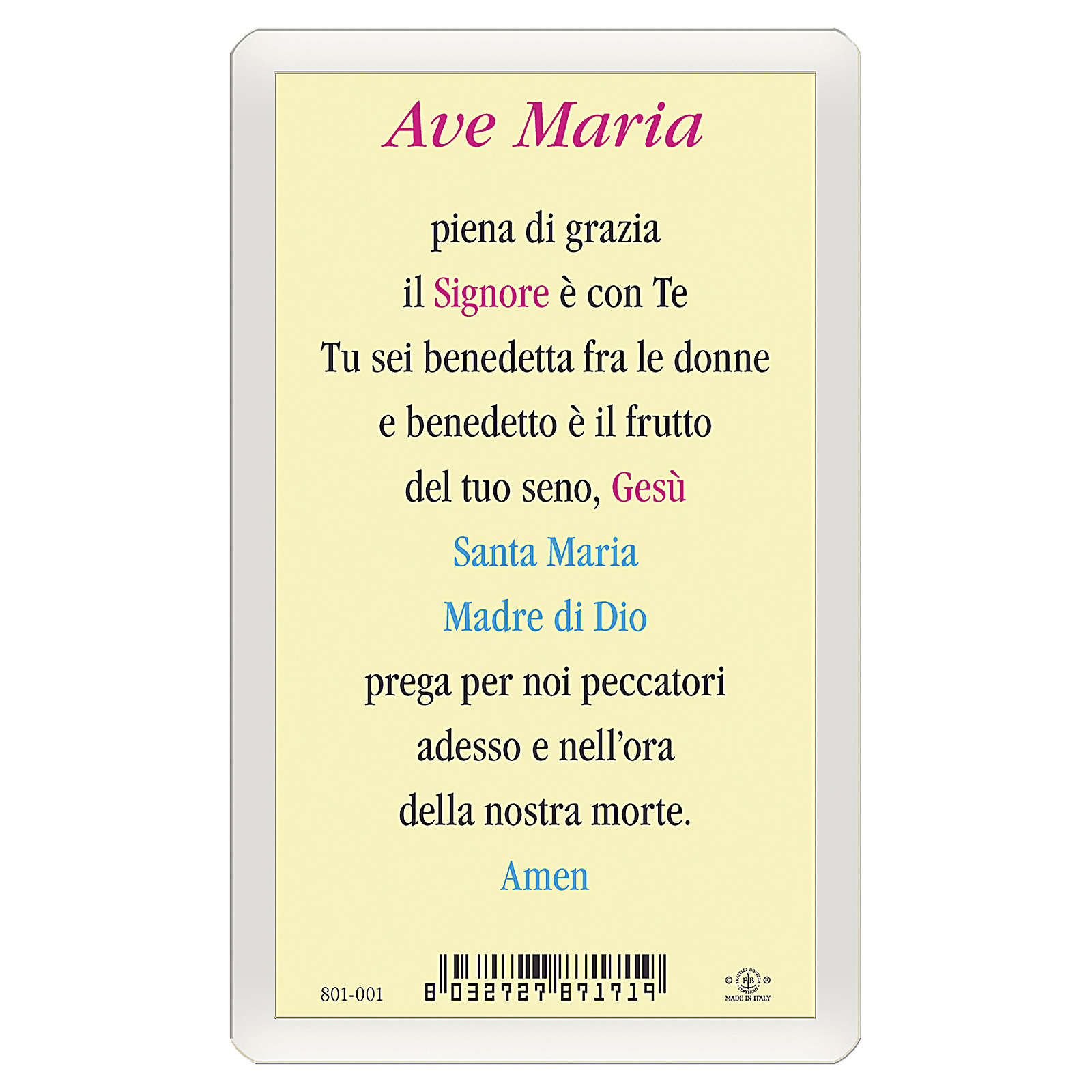 Testo Preghiera Ave Maria Italiano Image pieuse Madonnina de Ferruzzi Ave Maria ITA 10x5 cm | vente en