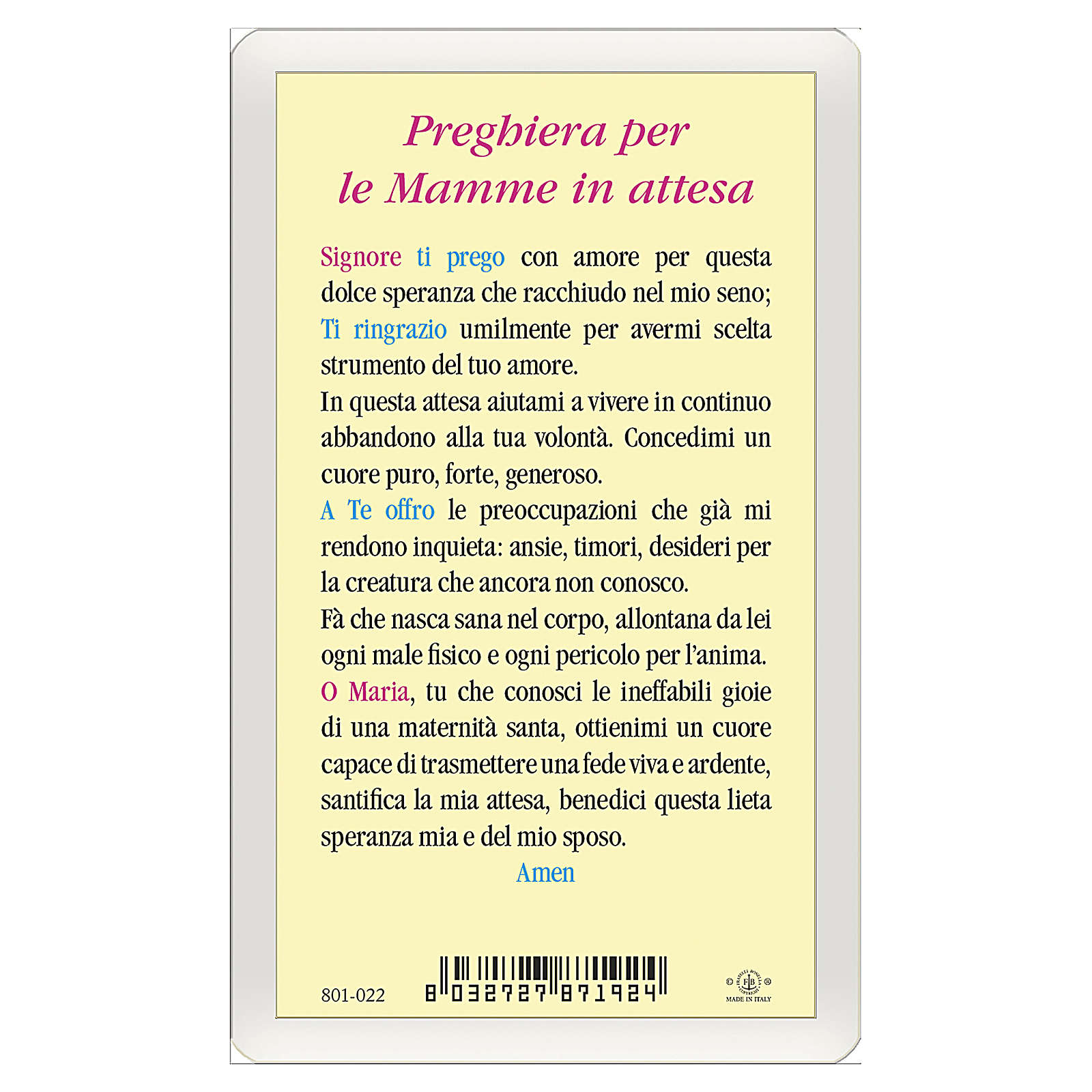 Holy card, Mary and the Child, Pregnant Woman's Prayer ITA | online