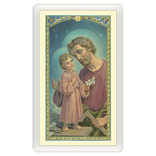 Andachtsbild vom heiligen Joseph dem Arbeiter und Jesus am Arbeitstisch mit Gebet, 10 x 5 ITA 1
