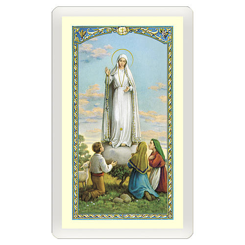Image votive Notre-Dame de Fatima Miséricorde avec les trois Bergers ITA 10x5 cm 1