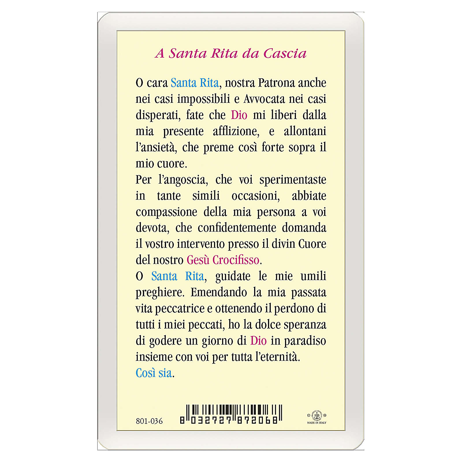 Image votive Ste Rita de Cascia Prière à Ste Rita ITA 10x5 vente en