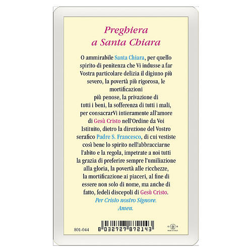 Heiligenbildchen, Heilige Klara, 10x5 cm, Gebet in italienischer Sprache, laminiert 2