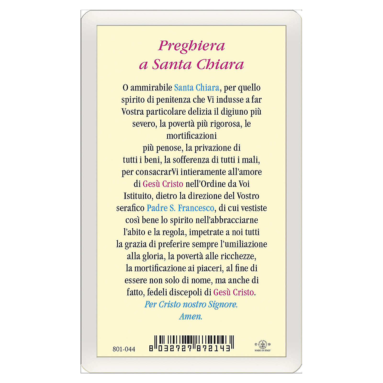 Image votive Ste Claire Prière ITA 10x5 cm vente en ligne sur HOLYART