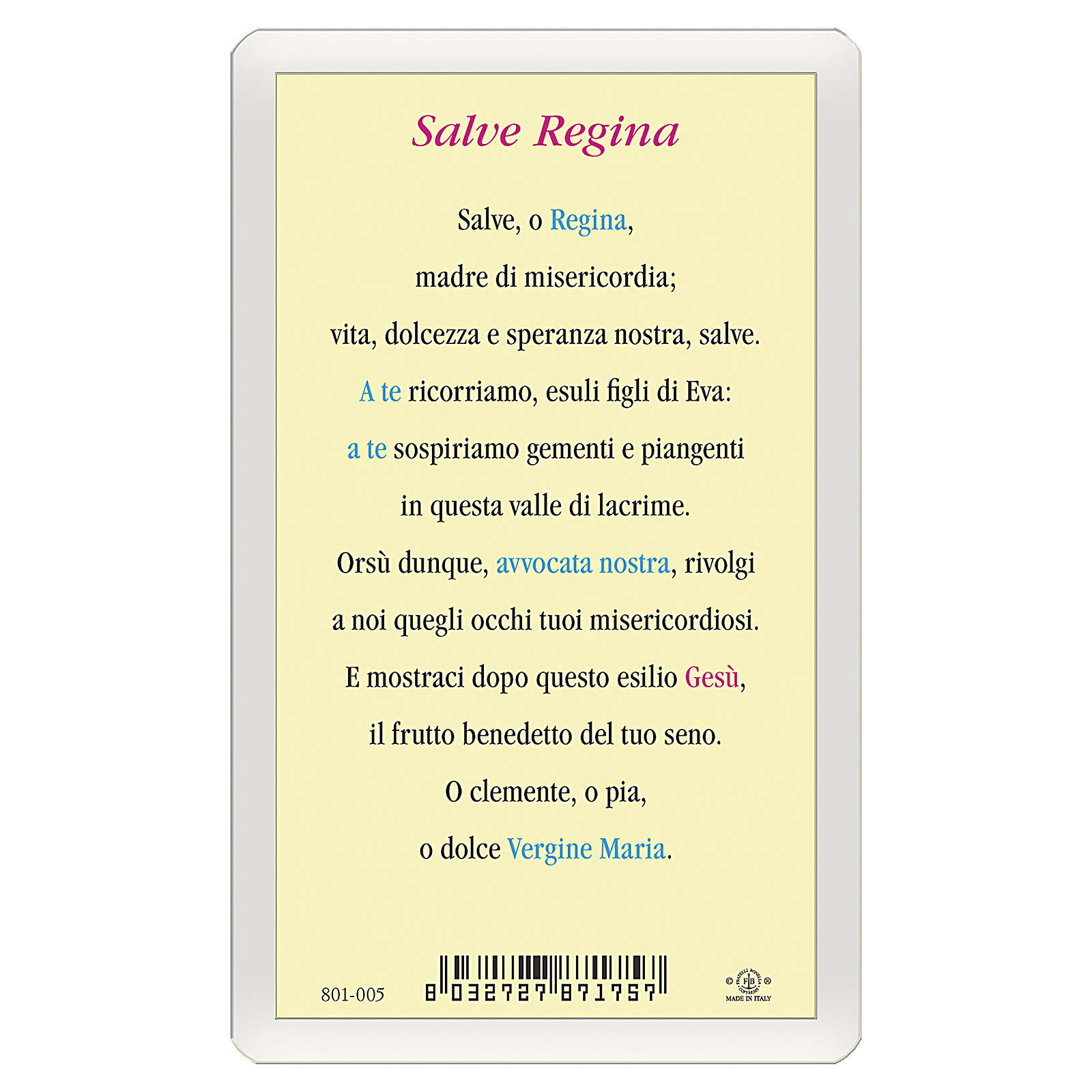 Preghiera Salve Regina In Italiano Santino Madonna Incoronata Salve Regina ITA 10x5 | vendita online su