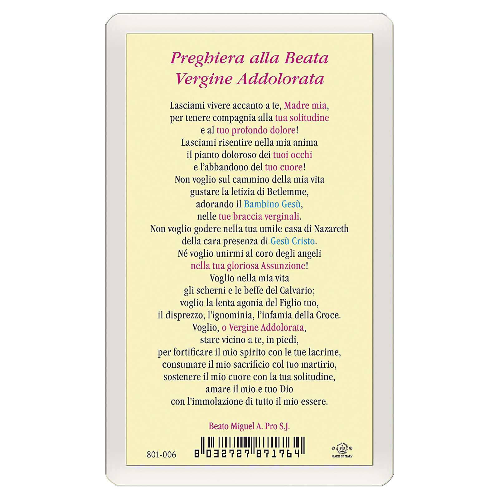 Santino Madonna Addolorata Preghiera Ita 10x5 Vendita Online Su Holyart