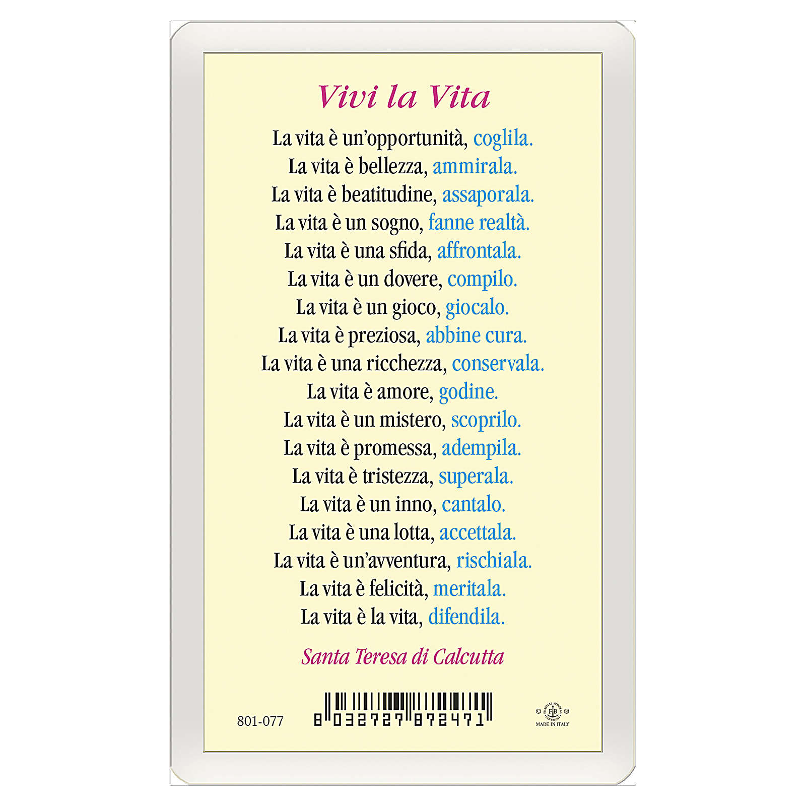 Holy card, Mother Teresa, Life Poem ITA 10x5 cm | online ...