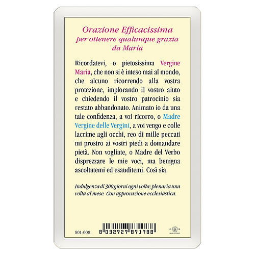 Heiligenbildchen, Wundertätige Madonna, 10x5 cm, Gebet in italienischer Sprache, laminiert 2