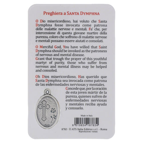 Immagine sacra Santa Dymphna con medaglia in metallo e preghiera 10x5 cm 2