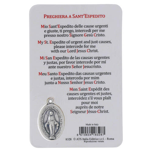 Laminated devotional image of Saint Expedite with metal medal and prayer, 4x2 in 2