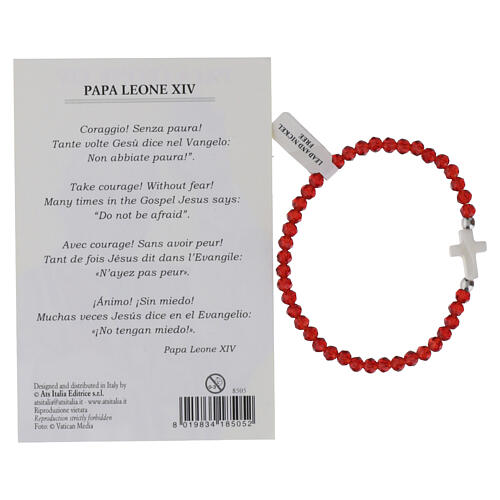 Chapelet rouge Pape Léon XIV en verre taillé cristal avec croix blanche et image pieuse 2