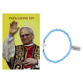Terço azul Papa Leão XIV em vidro lapidado tipo cristal com cruz branca e santinho