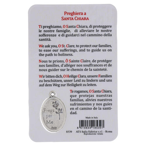 Obrazek laminowany ze Świętą Klarą, z metalowym medalikiem i modlitwą, 10x5 cm 2