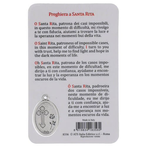 Santinho Santa Rita com medalha em metal e oração 10x5 cm 2