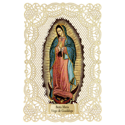 Obrazek religijny – Matka Boża z Guadalupe, z koronkową dekoracją, 11x7 cm 1