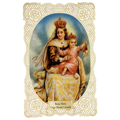 Holy card of Our Lady of Mount Carmel, lace decoration, 4x3 in 1