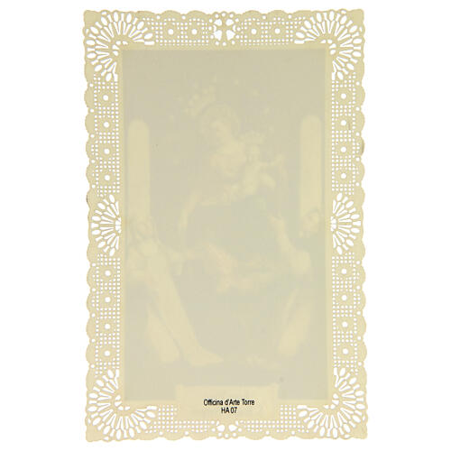 Estampa religiosa de la Santísima Virgen del Rosario de Pompeya con decoración de encaje 11x7 cm 2
