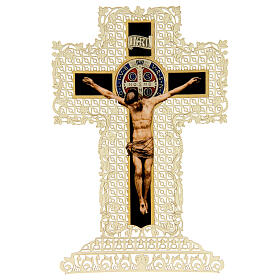 Spitzenbildchen, Kreuz des heiligen Benedikt, Heiligenbildchen mit Spitzendekor, 11 x 7 cm