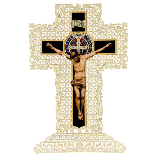 Spitzenbildchen, Kreuz des heiligen Benedikt, Heiligenbildchen mit Spitzendekor, 11 x 7 cm 1