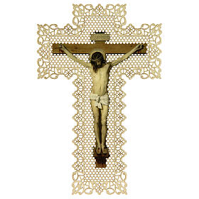 Spitzenbildchen, Gekreuzigter Christus, Heiligenbildchen mit Spitzendekor, 11 x 7 cm