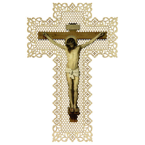 Obrazek religijny Świętego Krzyża z dekoracyjną koronką, 11x7 cm 1