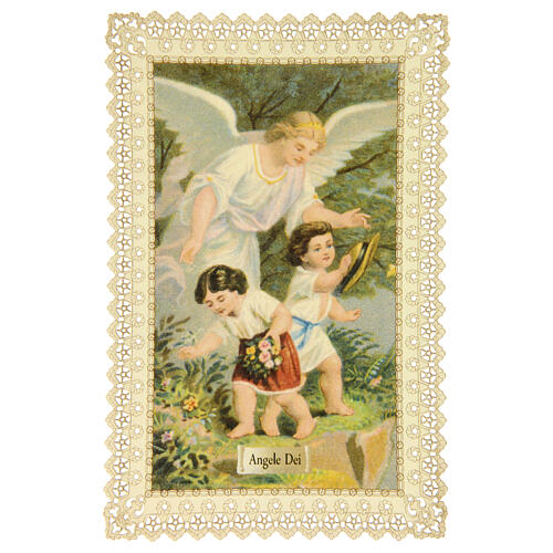 Obrazek religijny – Anioł Stróż z koronkową dekoracją, 11x7 cm 1