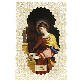 Spitzenbildchen, Heilige Cäcilia, Heiligenbildchen mit Spitzendekor, 11 x 7 cm